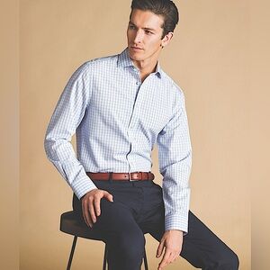 CHARLES TYRWHITT cobalt blue spread collar non-iron poplin multi check shirt